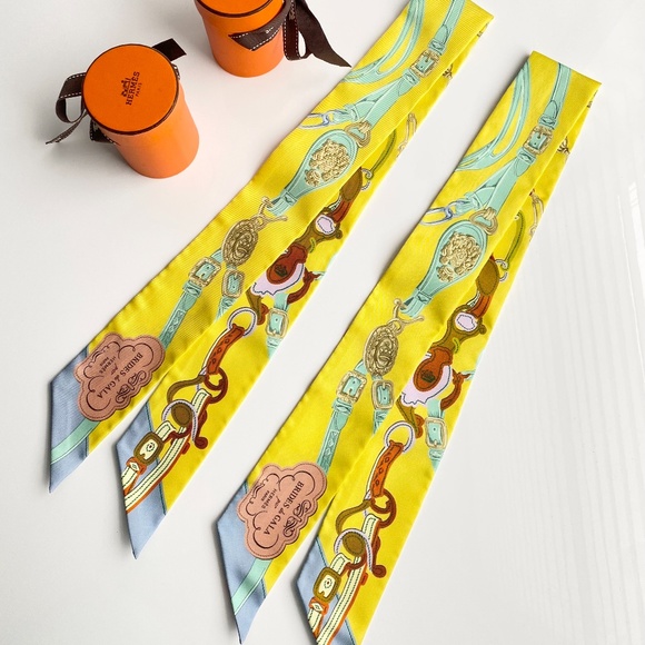 HERMES SILK YELLOW BEIGE BROWN BLUE Bandeau TWILLY WRAP SET OF 2 - Picture 1 of 16